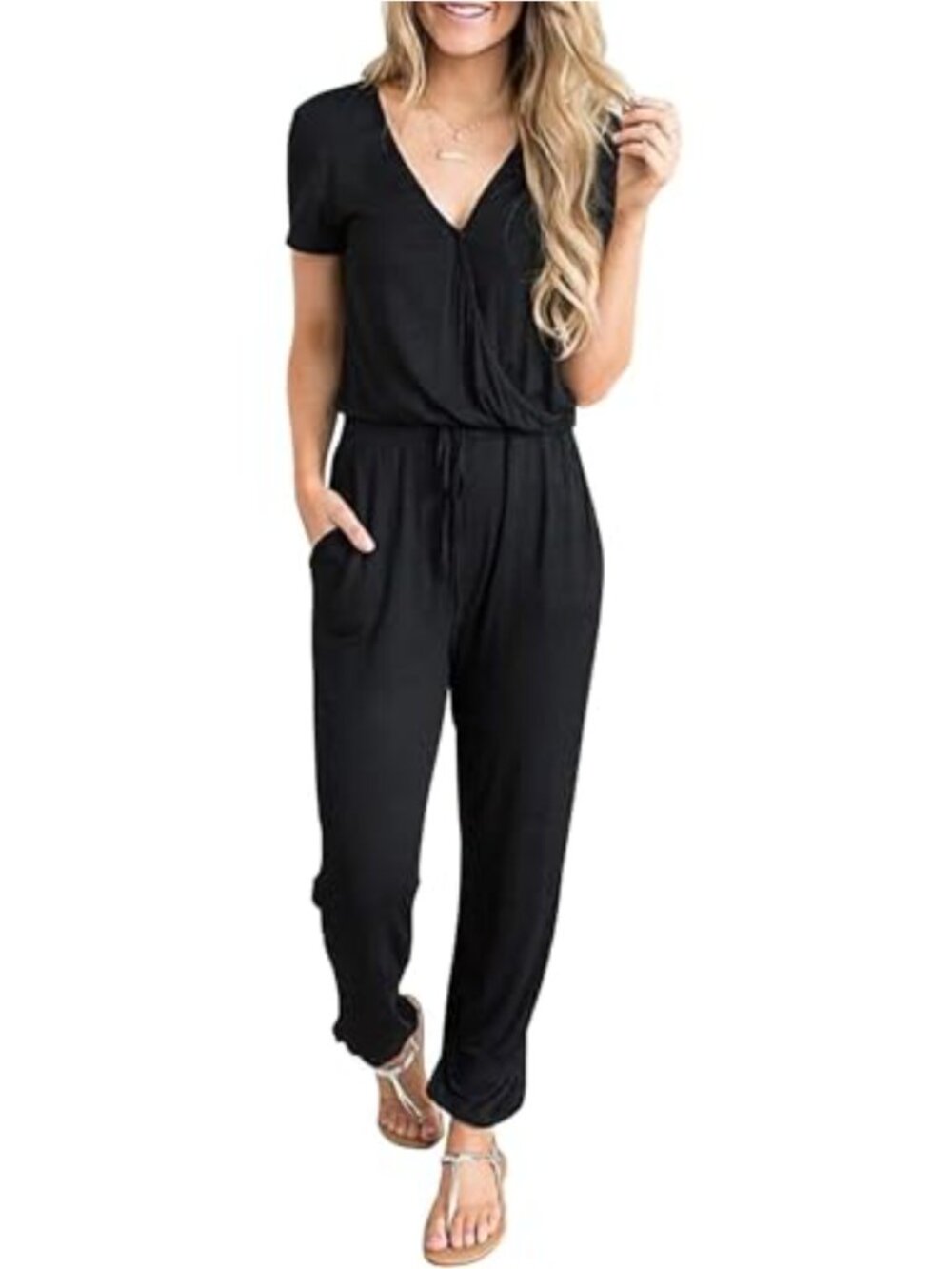 INIBUD Women Summer Long Rompers V Neck Short Sleeve Drawstring Waist Jumpsuit